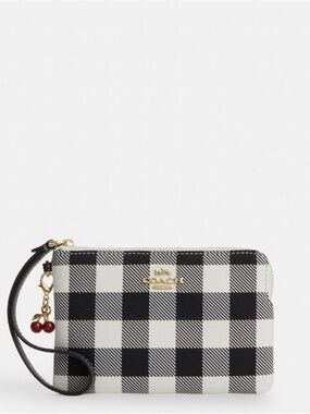 Coach Black and White Gingham Check Wristlet with Cherry Charm